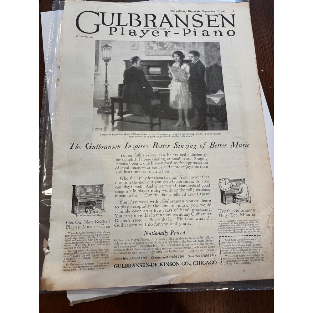 Vintage Gulbransen Player-Piano 1921 Print Ad Literary Digest Ephemera Art